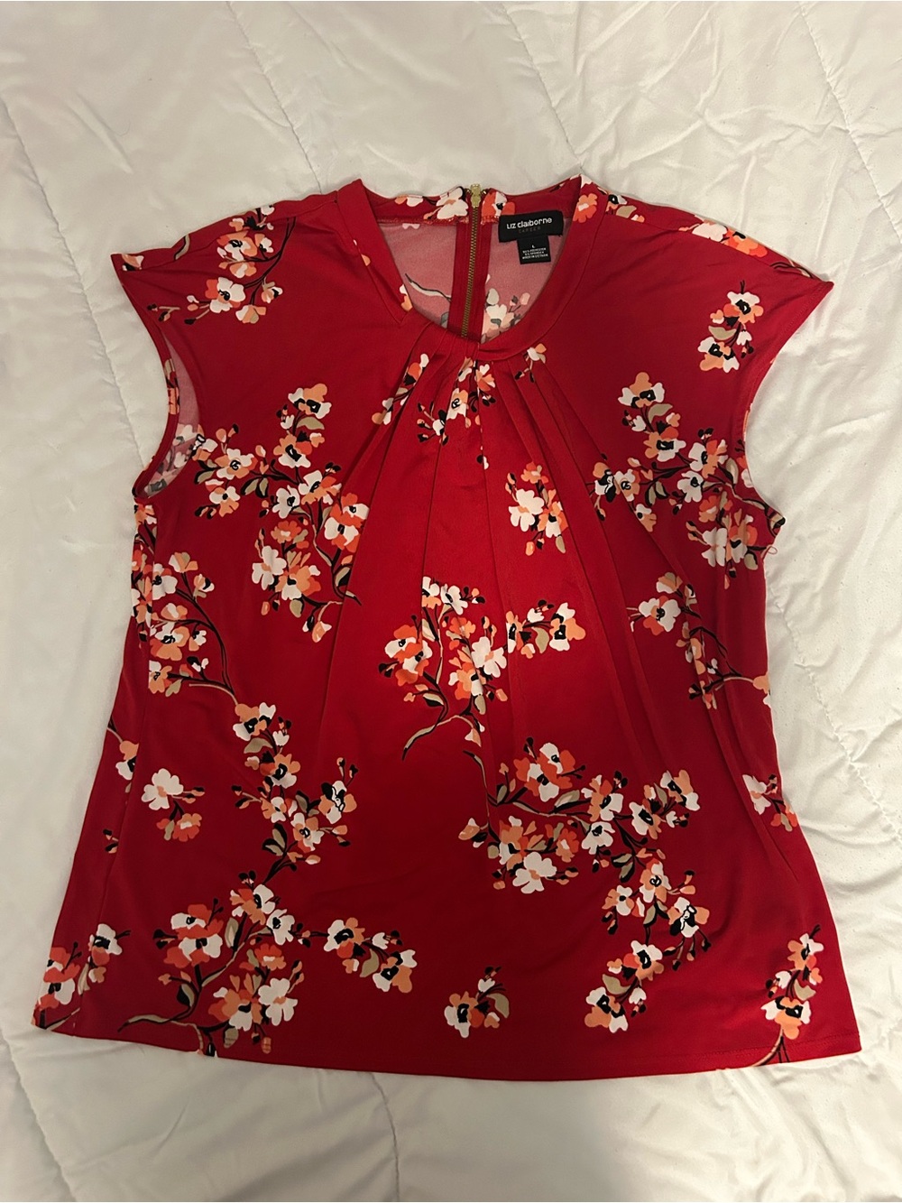 Liz Claiborne Red Floral Pleated Cap-Sleeve Blouse